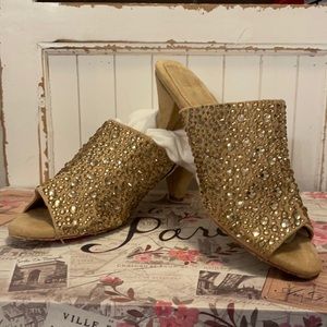 Joan Boyce tan suede sandals with gold rhinestones